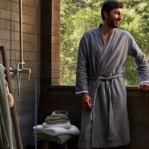 Coyuchi Unisex Mediterranean Organic Cotton Modern Bath Robe Shadow Grey L XL